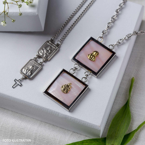 Escapulário Aço 2 Medalhas NSra. Carmo e S.C. Jesus com Cruz