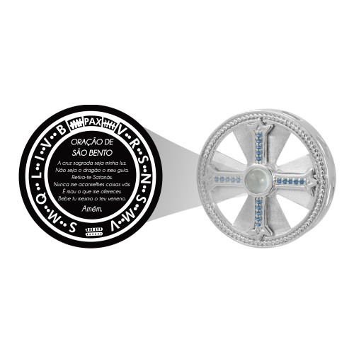 Pingente de Prata Neo Crystal Cruz de São Bento Zircônia Azul Lente Oração de São Bento