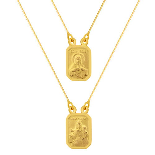 Escapulário Mini Ouro 18k NSR do carmo e Sagrado Coração de Jesus 60cm