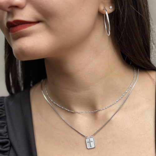 Escapulário de Aço Cruz em Relevo 14x11mm 65cm Corrente Veneziana