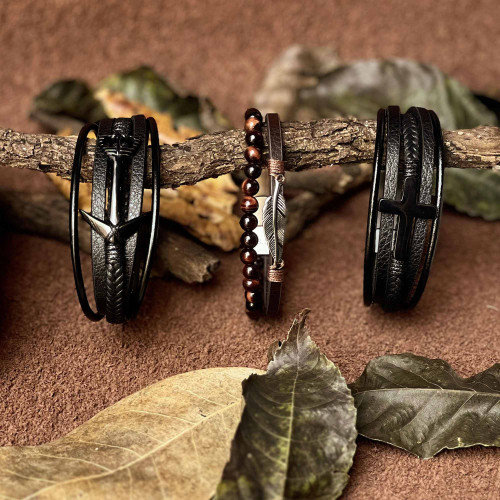 Pulseira de Aço Blessed Couro IPB 13mm 21cm