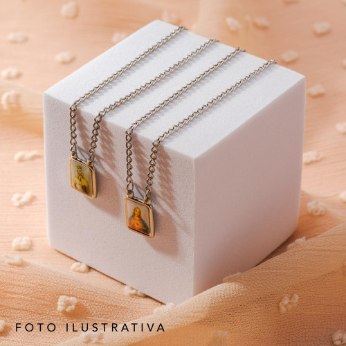 Escapulário de Aço Nossa Sra do Carmo e Sagrado Coração de Jesus com Resina 11x9mm 45cm