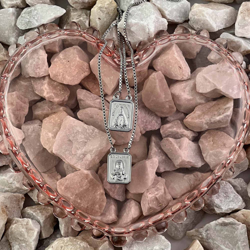 Escapulário de Aço Sagrado Coração de Jesus e NSra Aparecida 14x11 65cm Corrente Veneziana