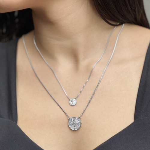 Escapulário de Aço São Bento Redondo 16mm 65cm Corrente Veneziana