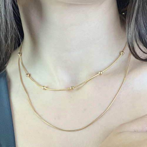 Colar de Aço Rabo de Rato Bolinha Dourado IPG 45cm