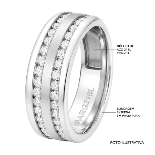 Aliança de Prata Argentum Troya Dupla com Zircônia 8mm