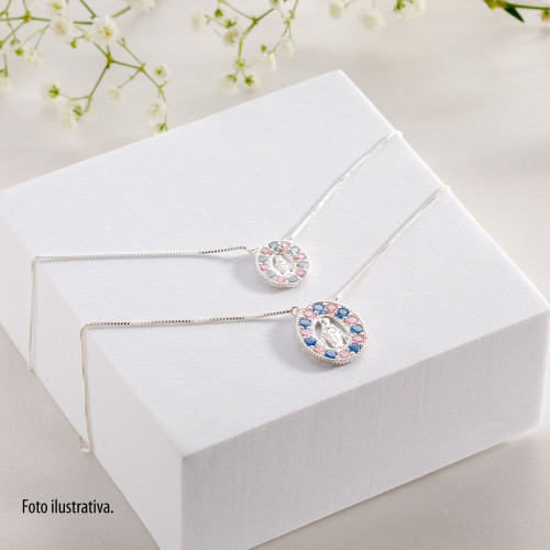 Colar de Prata Nossa Sra. Das Graças com Zircônias Azuis e Lilás  20x16mm