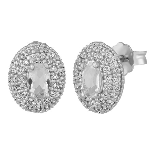 Brinco de Prata Oval com zircônia Cristal 10x7mm