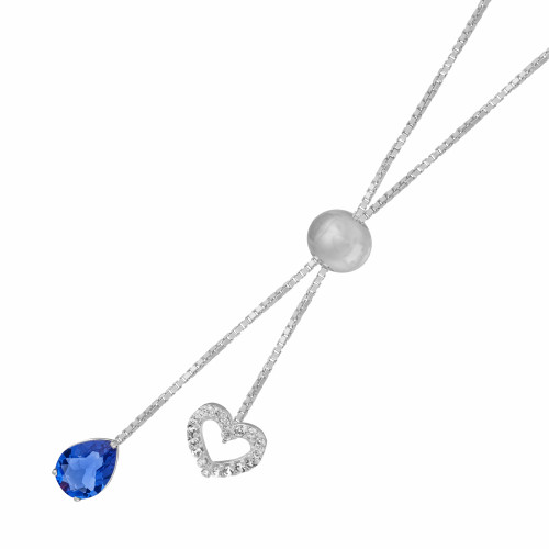 Colar de Prata Gravatinha Italiana Gota Azul com zircônias 8x8 70cm ajustável