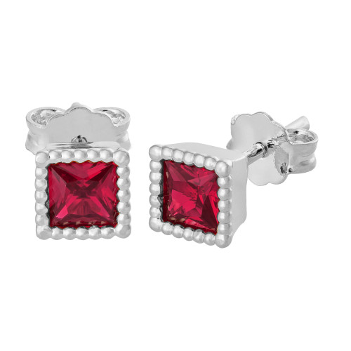 Brinco de Prata Quadrado Zircônia Vermelha Carré 5mmX5mm