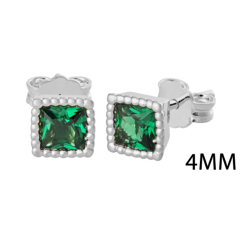 Brinco de Prata Quadrado Zircônia Carré Verde 4mmX4mm