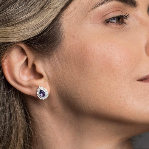 Brinco de Prata Coleção Queens Cristal Tanzanita 5x7 e Zircônias Brancas