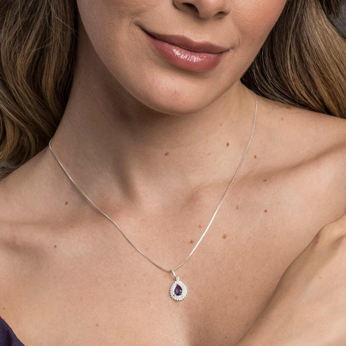 Colar de Prata Coleção Queens Cristal Tanzanita 5x7 e Zircônias Brancas 45cm