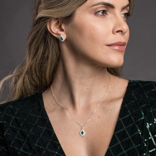 Conjunto de Prata Coleção Queens Cristal Esmeralda 5x7 e Zircônias Brancas