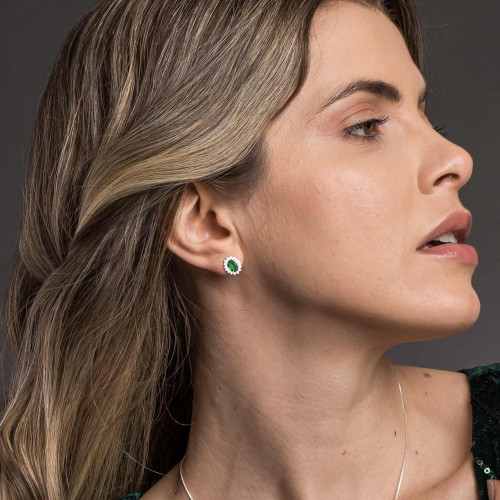 Brinco de Prata Coleção Queens Cristal Esmeralda 5x7 e Zircônias Brancas
