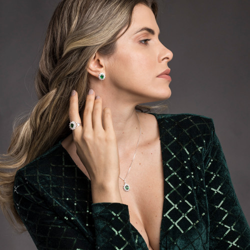 Conjunto de Prata Coleção Queens Cristal Esmeralda 5x7 e Zircônias Brancas