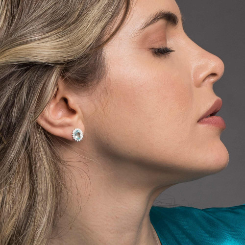 Brinco de Prata Coleção Queens Cristal Topázio Sky 5x7 e Zircônias Brancas