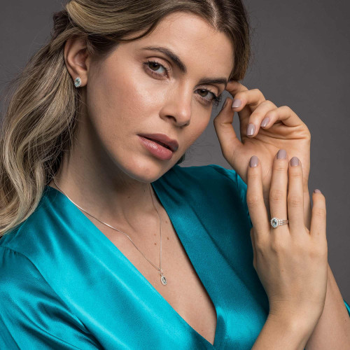 Conjunto de Prata Coleção Queens Cristal Topázio Sky 5x7 e Zircônias Brancas