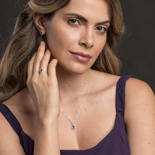 Conjunto de Prata Coleção Queens Cristal Tanzanita 5x7 e Zircônias Brancas