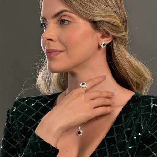 Conjunto de Prata Coleção Queens Cristal Esmeralda 6x8 e Zircônias Brancas