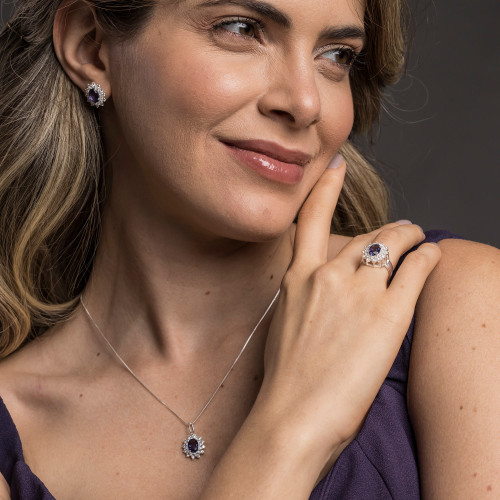 Conjunto de Prata Coleção Queens Cristal Tanzanita 6x8 e Zircônias Brancas