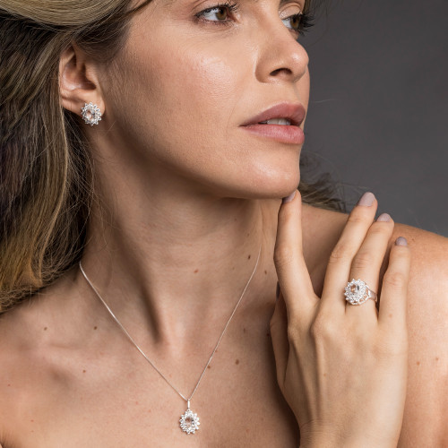 Conjunto de Prata Coleção Queens Cristal 6x8 e Zircônias Brancas