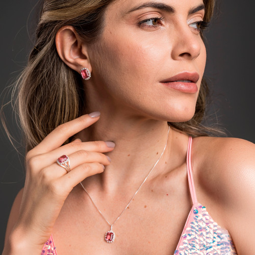 Conjunto de Prata Coleção Queens Cristal Safira Rosa 8x10 e Zircônias Brancas