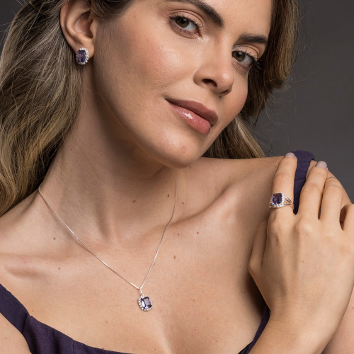 Conjunto de Prata Coleção Queens Cristal Tanzanita 8x10 e Zircônias Brancas