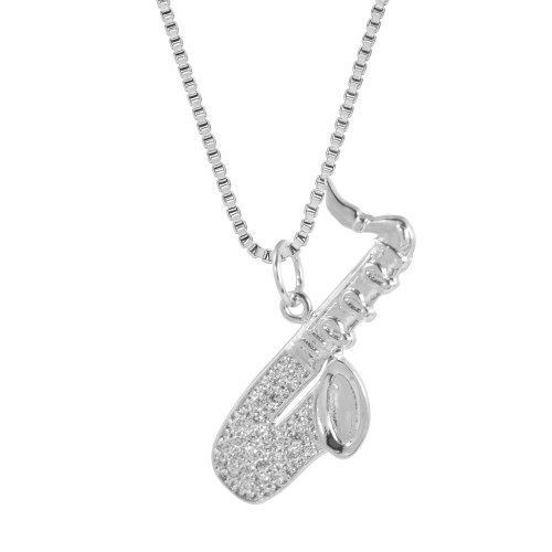 Colar de Prata Saxofone com Zircônias 25x14mm 45cm