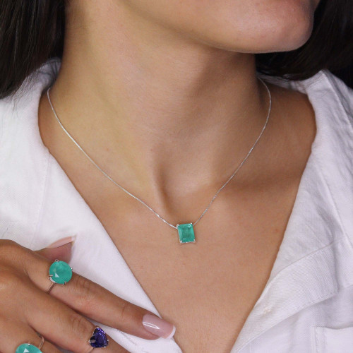 Colar de Prata Coleção Fancy Fusion Verde Retangular 8x10 45cm