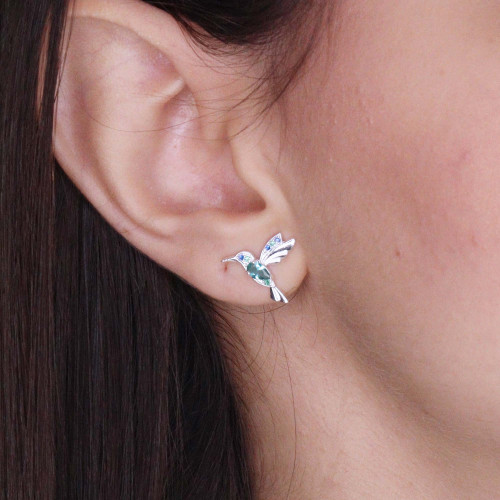 Brinco de Prata Beija Flor Coleção Florescer Zircônia Verde Água 14x10mm