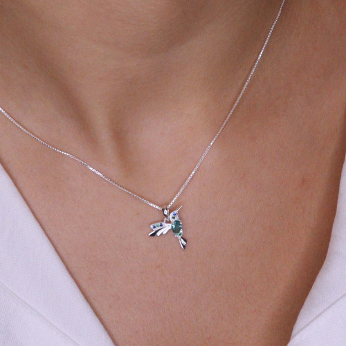 Colar de Prata Beija Flor Coleção Florescer Zircônia Verde Água 45cm