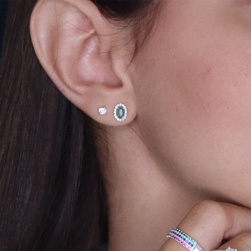 Brinco de Prata Coleção Princess Zircônia Oval Esmeralda 5x3