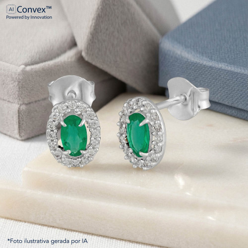Brinco de Prata Coleção Princess Zircônia Oval Esmeralda 5x3