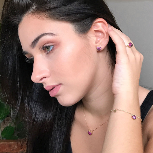 Anel Prata c/ Ouro 18K ROD Coração Zircônia Vermelha 9x8mm