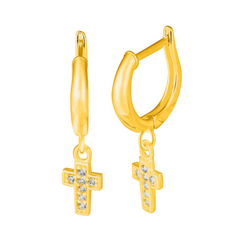Brinco de Prata Revestida com Ouro Argolinha com Cruz e Zircônias Brancas