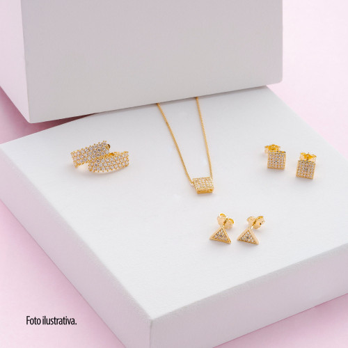 Brinco de Prata Triângulo Revestido com Ouro 18k com Zircônias Brancas