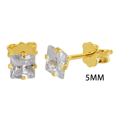 Brinco de Prata Solitário Zircônia Branca Carré Revestido com Ouro 18k 5mm