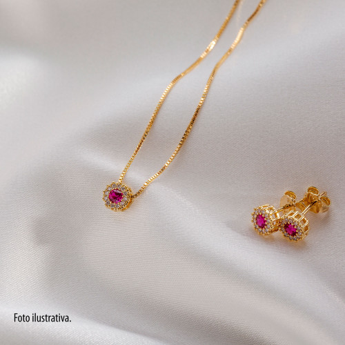 Colar Prata Revestida de Ouro 18K Veneziana Ponto de Luz Pink com Zircônias Brancas