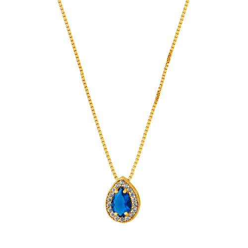 Colar de Prata Gota com Zircônia Azul Revestido com Ouro 18k 45cm