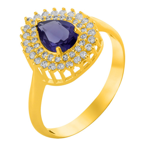 Anel de Prata Queens Cristal Tanzanita Gota Revestido com Ouro 18k