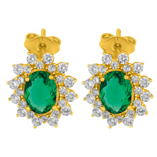Brinco de Prata Queens Cristal Esmeralda Revestido com Ouro 18K 6x8