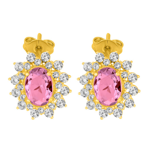 Brinco de Prata Queens Cristal Safira Rosa Revestido com Ouro 18K 6x8