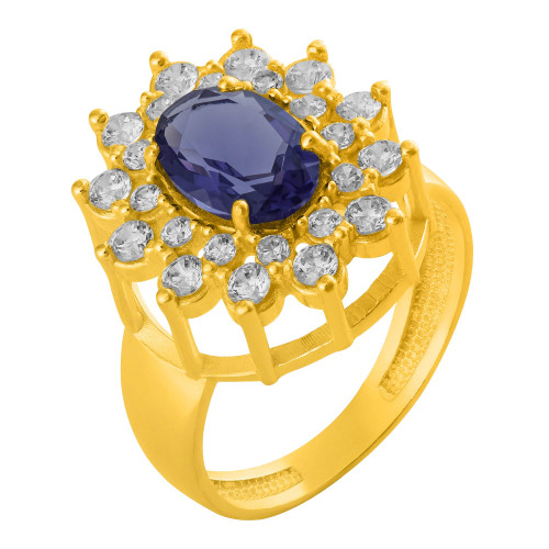 Anel de Prata Queens Cristal Tanzanita Revestido com Ouro 18k 6x8