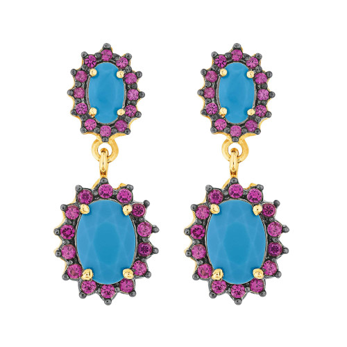 Brinco Prata c/ Ouro 18K Oval Turquesa com Zircônia Rosa