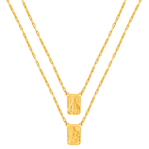 Escapulário de Prata Nossa Sra do Carmo e Sagrado Coração de Jesus Revestido com Ouro 18k 60cm