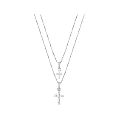 Colar Prata c/ Ouro 18K Ródio Branco Veneziana Dupla Cruz