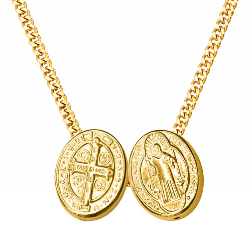 Escapulário de Prata São Bento Oval  Revestido com Ouro 18k 11x0.80 70cm