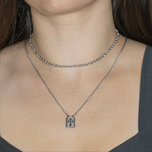 Escapulário de Aço Cruz Portuguesa  Livrai-nos do Mal 60cm 14x11mm