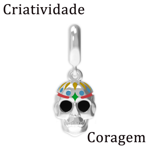 Berloque de Prata La Catrina Caveira Amara Link com Resina e Zircônia